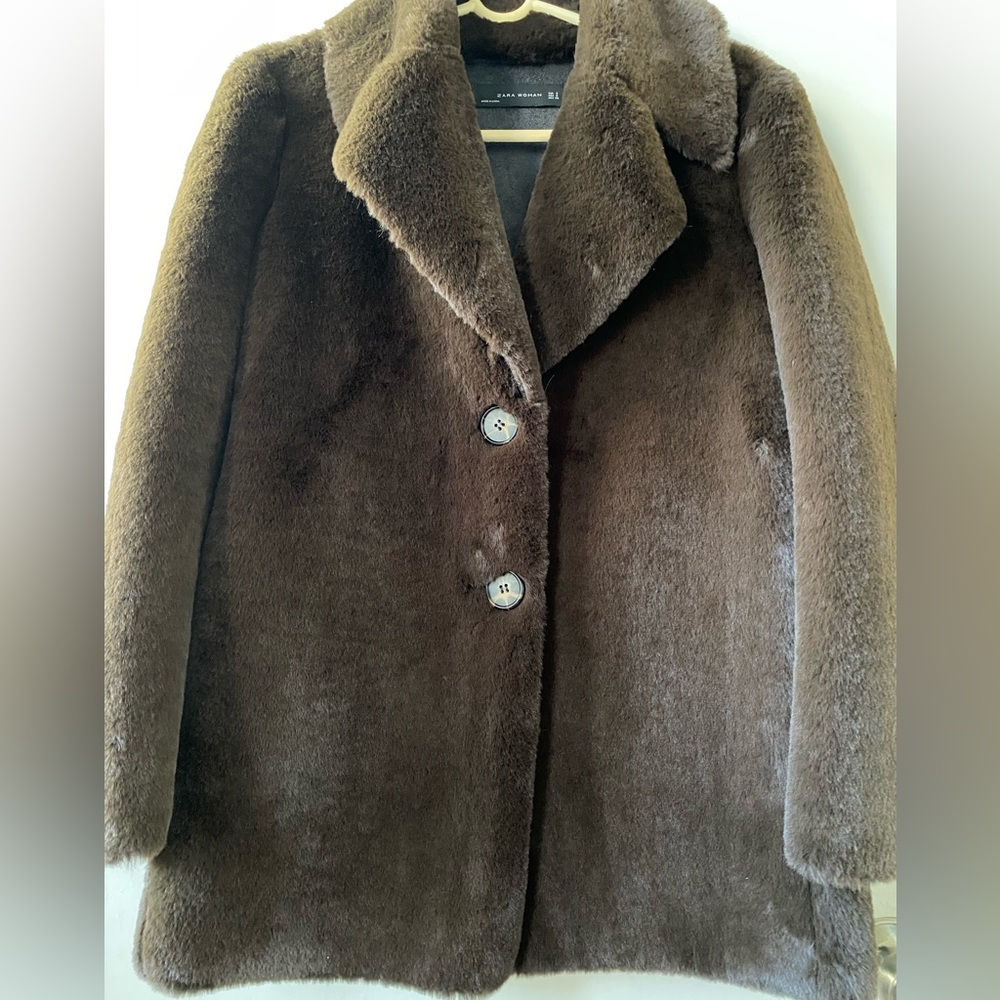 Zara Plush Faux Fur Coat, Rich Chocolate Brown, Size Small